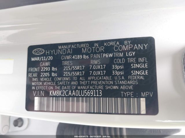 KM8K2CAA0LU569113 Hyundai Kona Sel