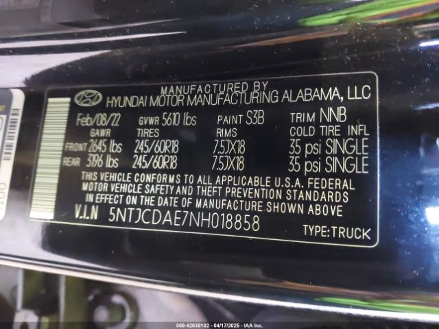 5NTJCDAE7NH018858 Hyundai Santa Cruz Sel