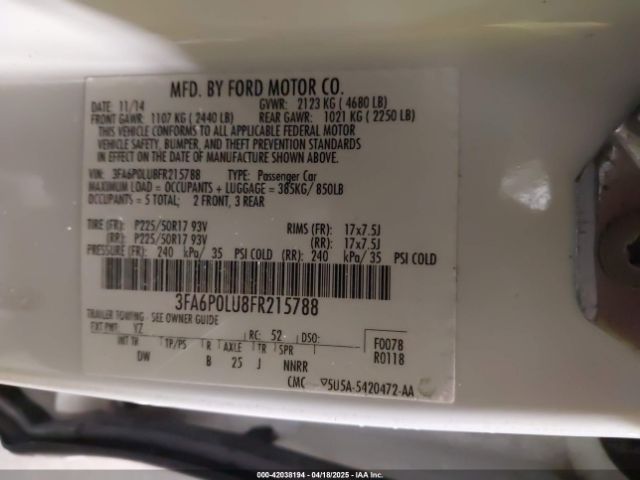 3FA6P0LU8FR215788 Ford Fusion Hybrid Se