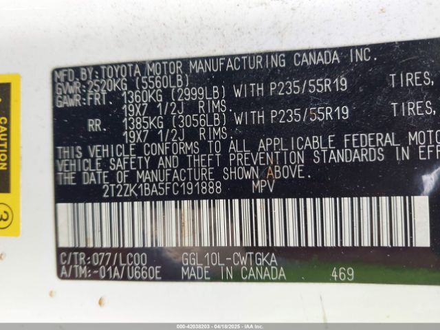 2T2ZK1BA5FC191888 Lexus RX 350