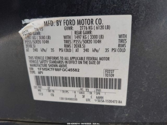 1FM5K7F88FGC45582 Ford Explorer Limited