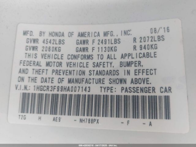 1HGCR3F99HA007143 Honda Accord Touring V6