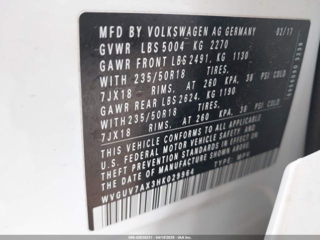 WVGUV7AX3HK029964 Volkswagen Tiguan 2.0t Sport