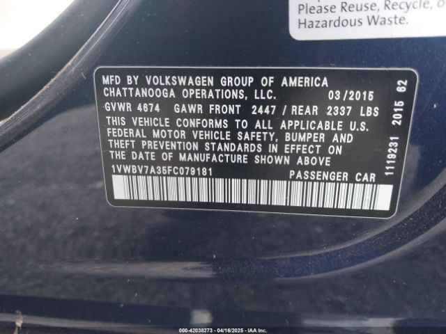 1VWBV7A35FC079181 Volkswagen Passat 2.0l Tdi Se