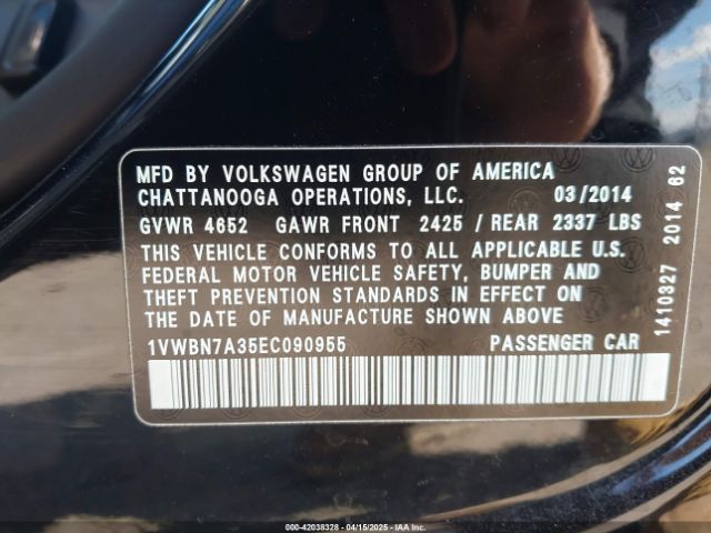 1VWBN7A35EC090955 Volkswagen Passat 2.0l Tdi Se