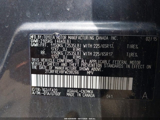 2T3RFREV8FW298266 Toyota Rav4 Xle