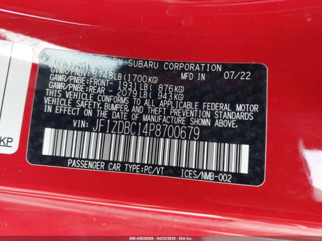 JF1ZDBC14P8700679 Subaru Brz Premium