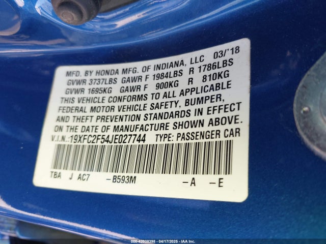 19XFC2F54JE027744 Honda Civic Lx
