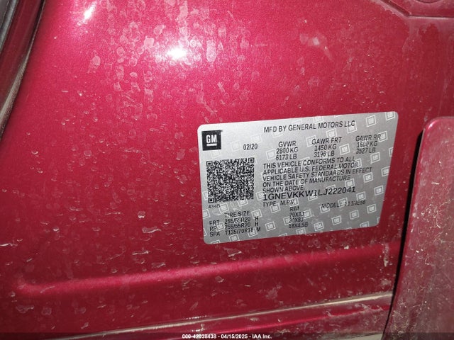 1GNEVKKW1LJ222041 Chevrolet Traverse Awd Premier