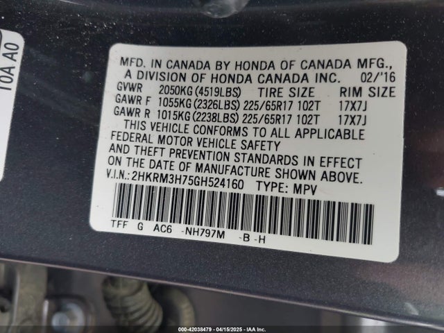 2HKRM3H75GH524160 Honda Cr-v Ex-l