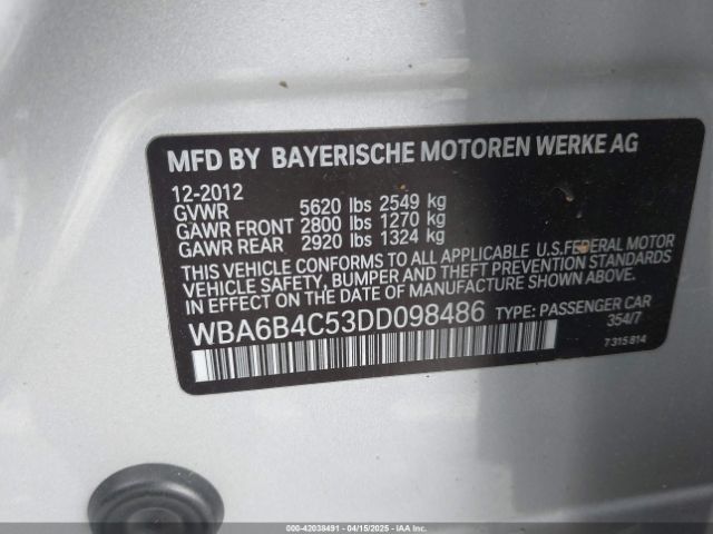 2013 BMW 650I GRAN COUPE WBA6B4C53DD098486 Photo 8