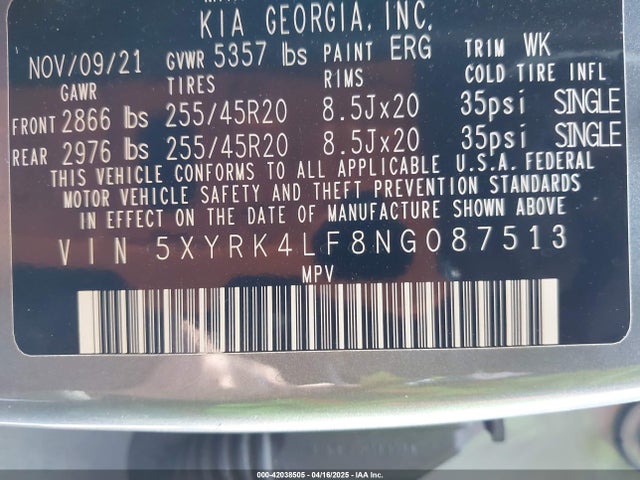 5XYRK4LF8NG087513 KIA Sorento Sx Prestige