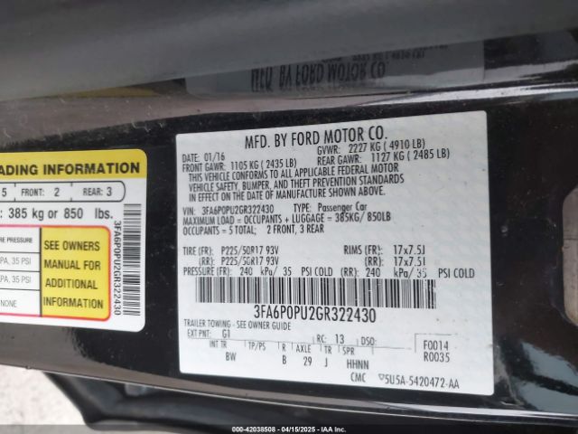 3FA6P0PU2GR322430 Ford Fusion Energi Se Luxury