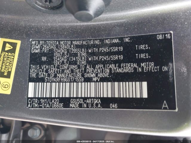 5TDYKRFH9GS171559 Toyota Highlander Limited Platinum V6