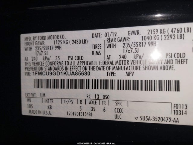 1FMCU9GD1KUA85680 Ford ESCAPE SE