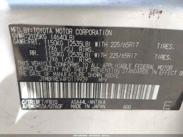 JTMBFREV4FD119929 Toyota RAV4 LE