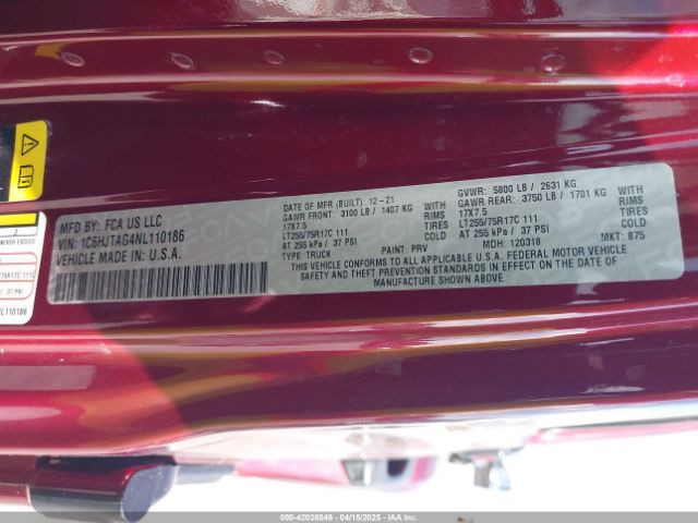 1C6HJTAG4NL110186 Jeep Gladiator Willys Sport 4x4