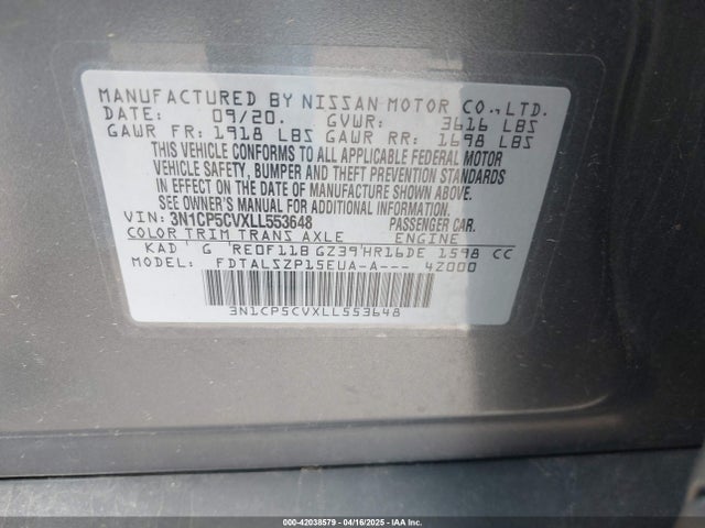 3N1CP5CVXLL553648 Nissan Kicks Sv Xtronic Cvt