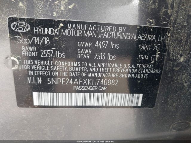 5NPE24AFXKH740882 Hyundai SONATA SE