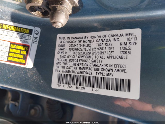 2HKRM3H72EH509483 Honda Cr-v Ex-l