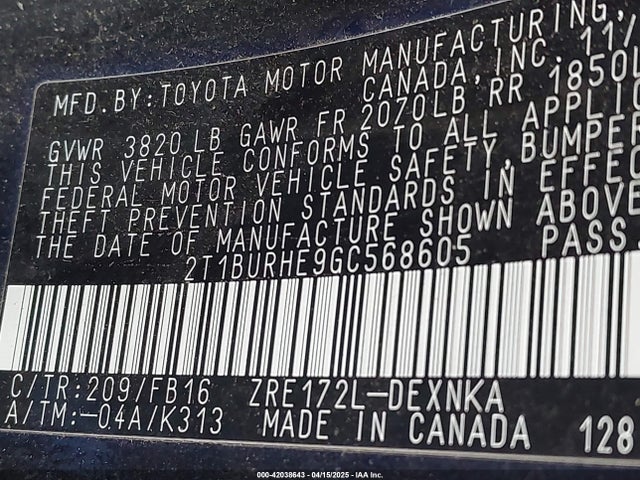 2T1BURHE9GC568605 Toyota COROLLA LE