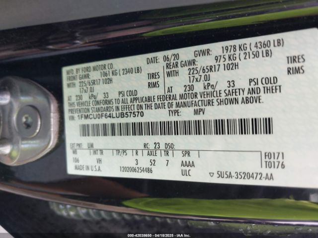 1FMCU0F64LUB57570 Ford ESCAPE S