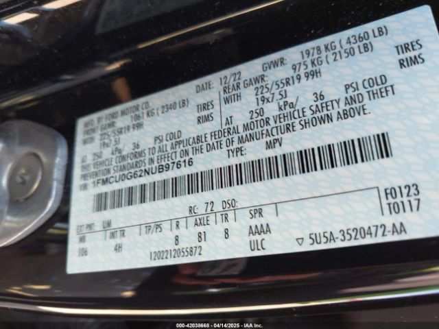 1FMCU0G62NUB97616 Ford ESCAPE SE