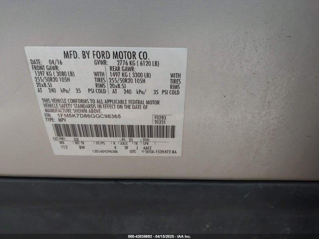 1FM5K7D86GGC98365 Ford EXPLORER XLT