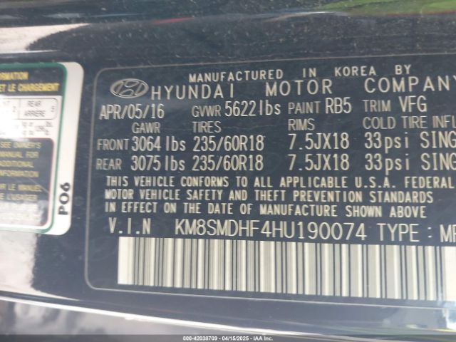 KM8SMDHF4HU190074 Hyundai Santa Fe Se