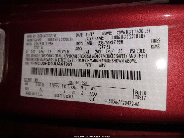 1FMCU0HD9JUA61961 Ford ESCAPE SEL