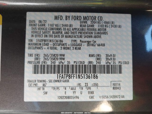 2022 FORD MUSTANG 1FATP8FF1N5136186 Photo 8