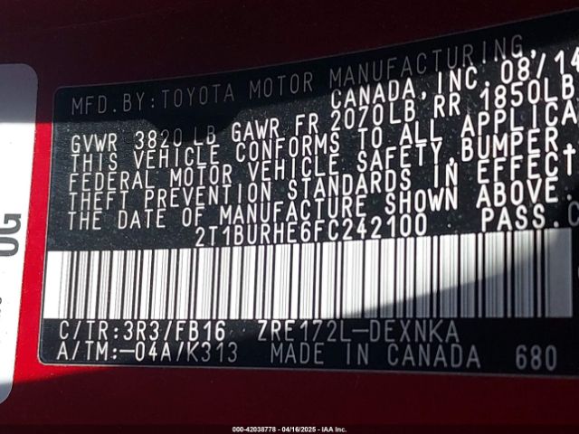 2T1BURHE6FC242100 Toyota Corolla Le Plus