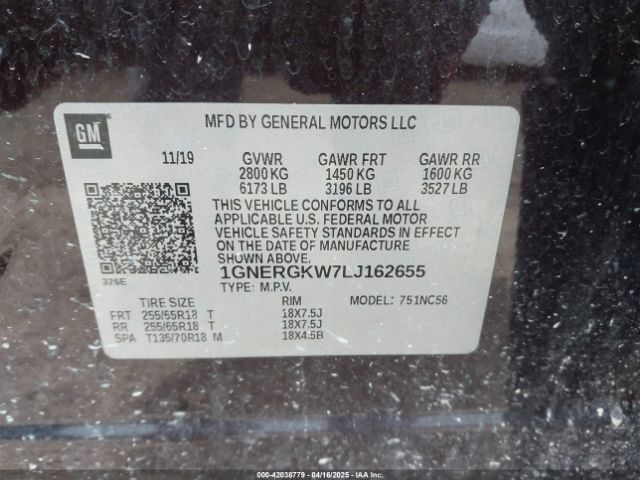 1GNERGKW7LJ162655 Chevrolet Traverse Fwd Lt Cloth