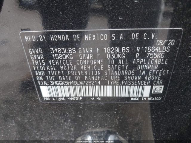 3HGGK5H49LM726214 Honda FIT LX
