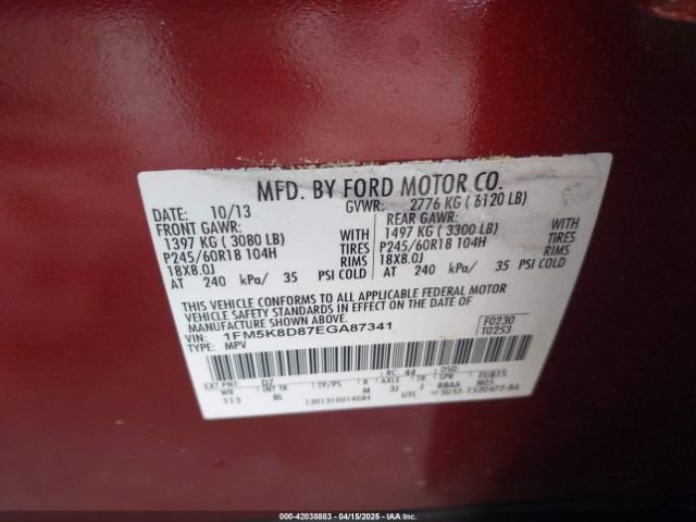 1FM5K8D87EGA87341 Ford EXPLORER XLT