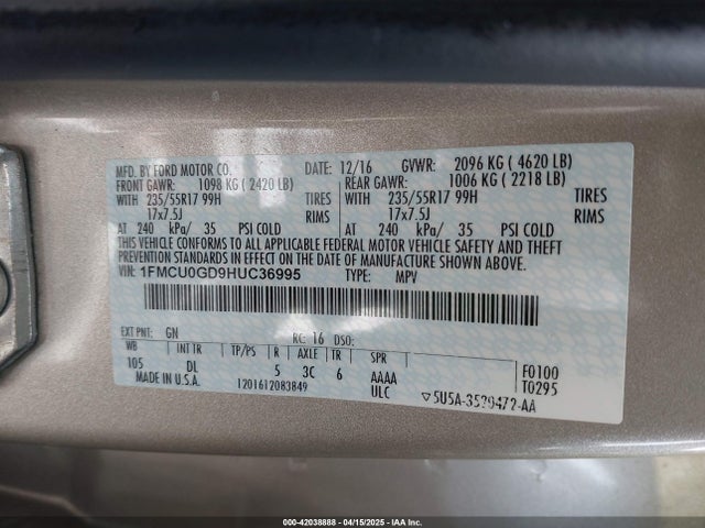 1FMCU0GD9HUC36995 Ford ESCAPE SE