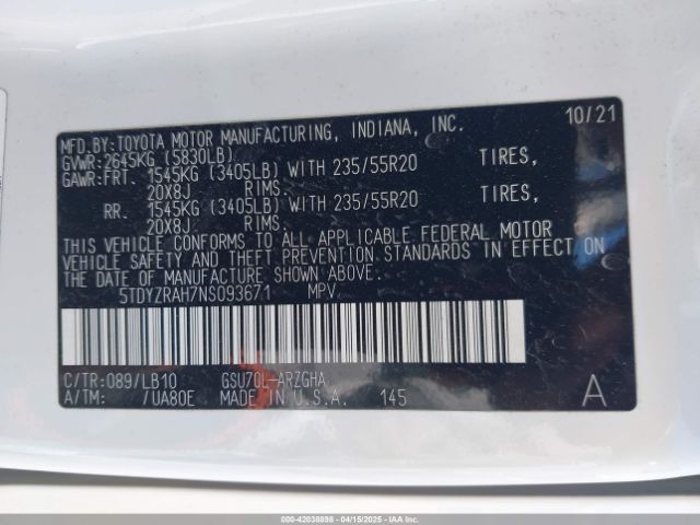 5TDYZRAH7NS093671 Toyota Highlander Limited