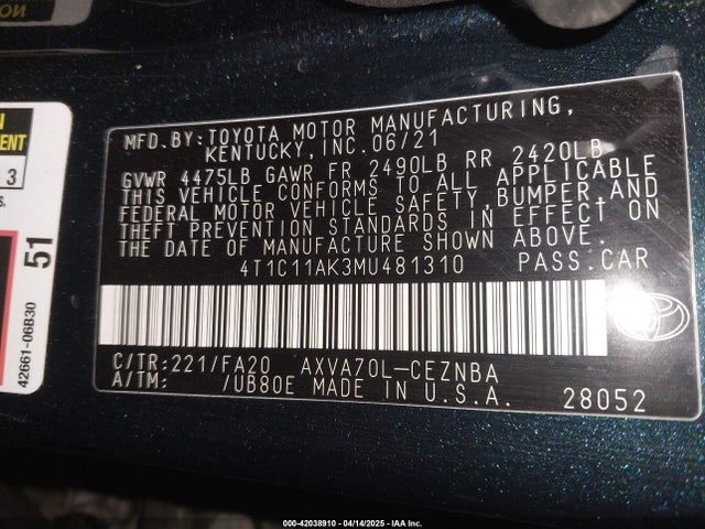4T1C11AK3MU481310 Toyota CAMRY LE