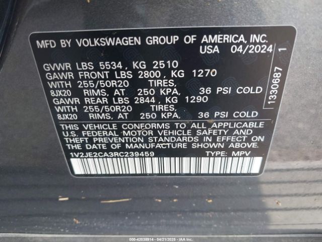 1V2JE2CA3RC239459 Volkswagen Atlas Cross Sport 2.0t Se W/technology
