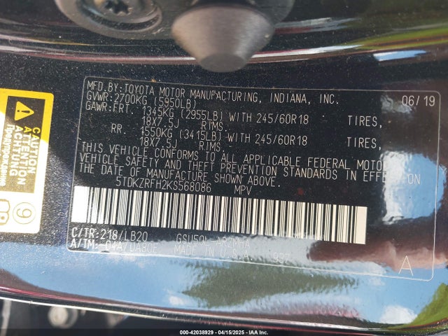 5TDKZRFH2KS568086 Toyota Highlander Xle