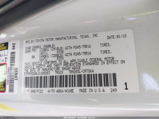 5TFRX5GN8JX109283 Toyota Tacoma Sr5