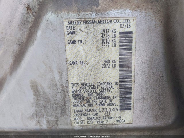 1N4AL3AP2GC171145 Nissan Altima 2.5 Sr