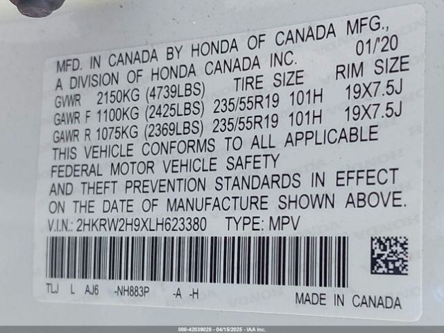 2HKRW2H9XLH623380 Honda Cr-v Awd Touring