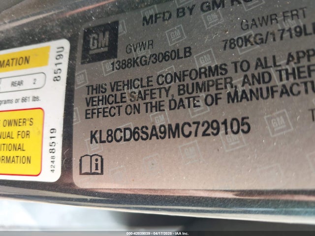 KL8CD6SA9MC729105 Chevrolet lv7 - mfi, variable valve timing, alum, gen 1 var 1