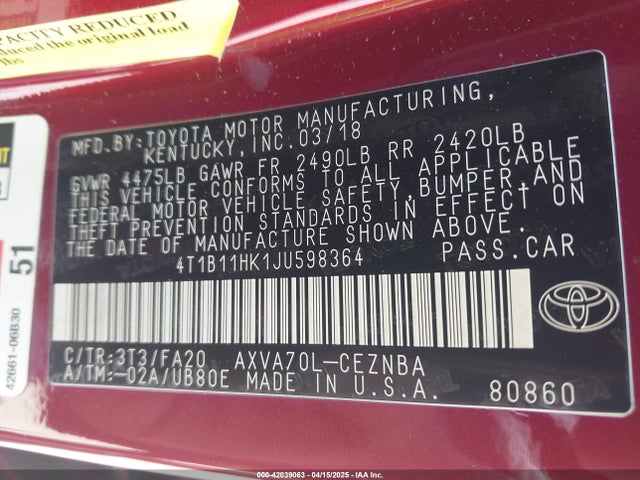 4T1B11HK1JU598364 Toyota CAMRY LE