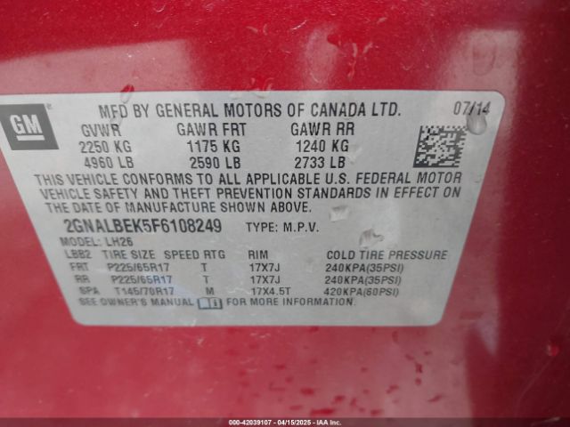 2GNALBEK5F6108249 Chevrolet EQUINOX 1LT