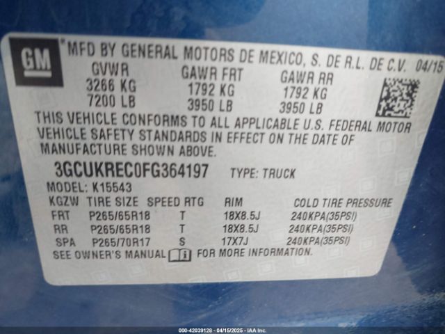3GCUKREC0FG364197 Chevrolet Silverado 1500 1lt