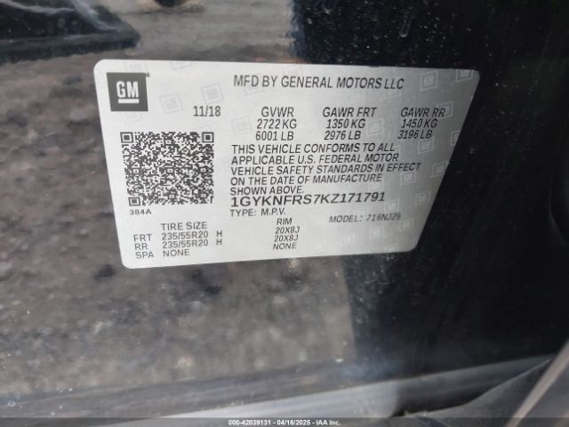 1GYKNFRS7KZ171791 Cadillac Xt5 Premium Luxury