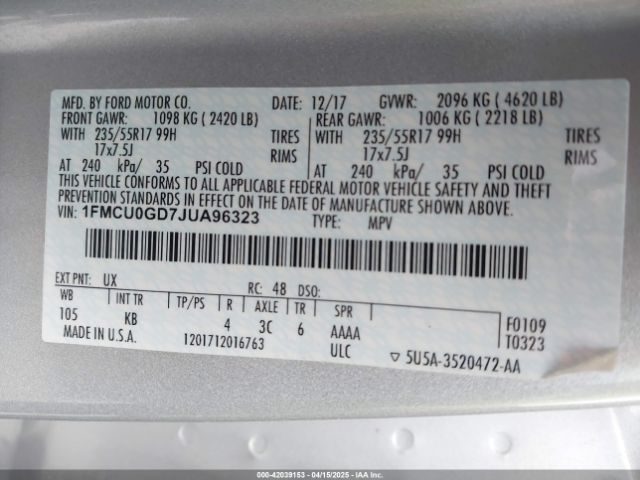 1FMCU0GD7JUA96323 Ford ESCAPE SE