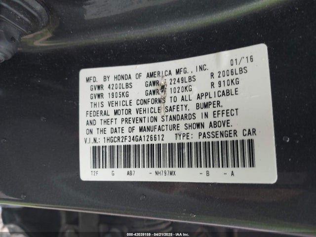 1HGCR2F34GA126612 Honda ACCORD LX